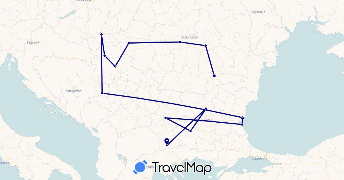 TravelMap itinerary: driving in Bulgaria, Romania, Serbia (Europe)
